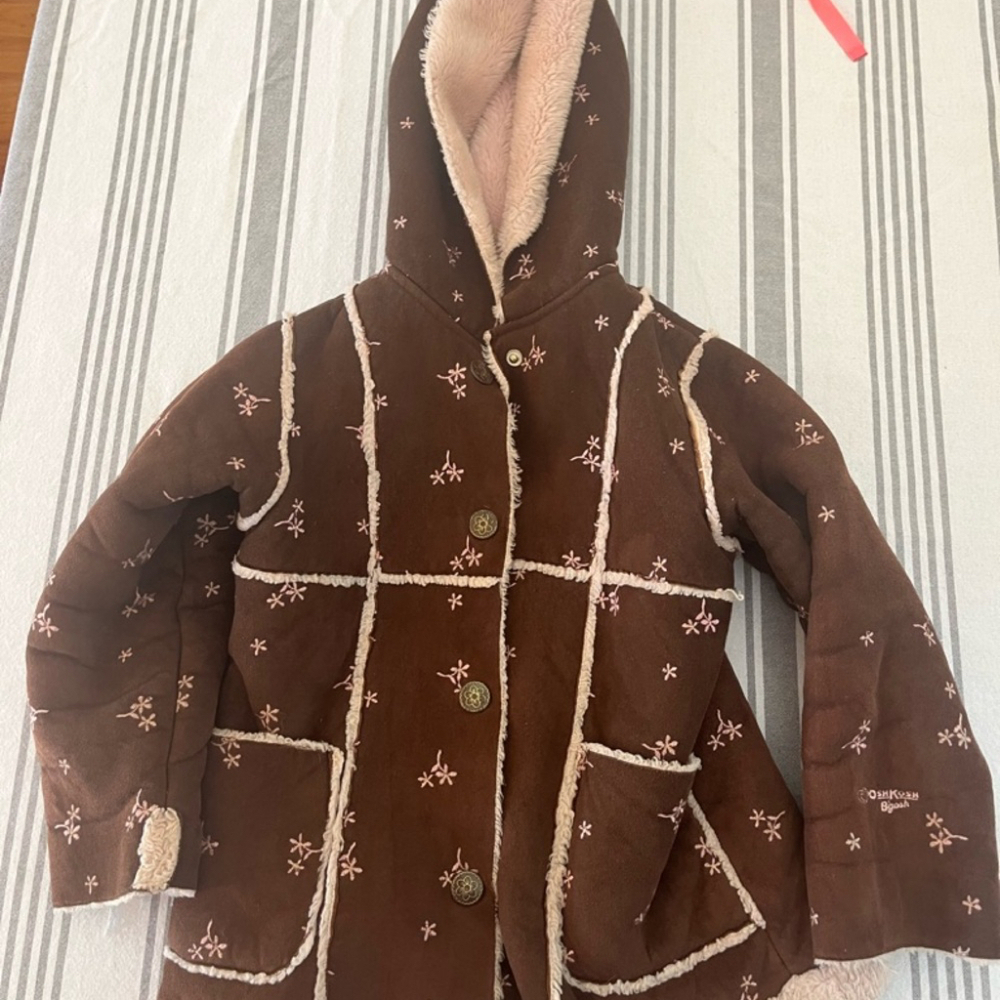 OshKosh Brown Hooded Faux-Shearling Puffer Coat with Pink Embroidery 2000’s Y2K